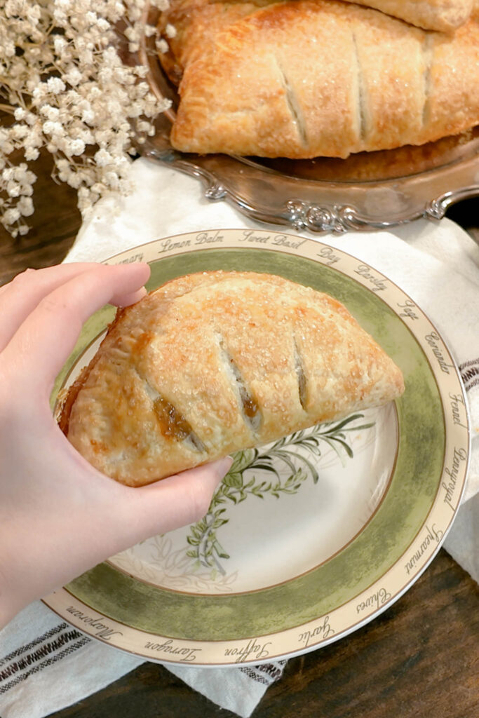 A hand reaching for a golden apple hand pie on a vintage plate with herbs and dried florals nearby.